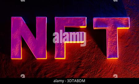 Glowing NFT neon letters with vibrant pink orange and blue lighting on textured surface Stock Photo