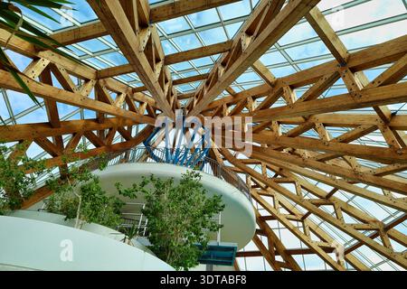 Moderne Dachkonstruktion aus Holz und Glas im Innenbereich des Freizeitbades RIFF, Kurpark Bad Lausick, Landkreis Leipzig, Deutschland Stock Photo