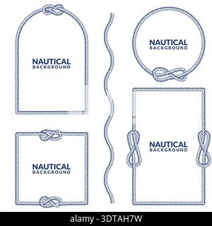 Rope frames and nautical borders vector set. Circle, square arch and rectangle vintage marine background. Design for banner, poster, print, card Stock Vector