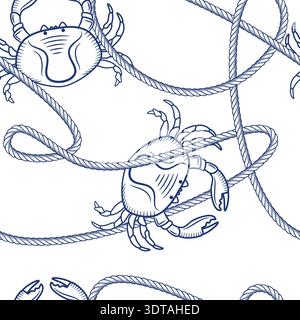 Nautical vintage seamless pattern with looped, node rope and crabs. Vector hand drawn sketch illustration. Marine travel background. Fashion textile p Stock Vector