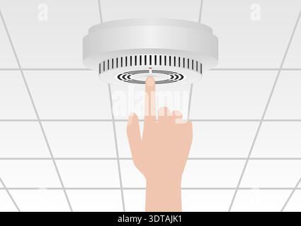 Smoke Detector and Fire Alarm. Smoke Alarm. Hand Turning On and Off Smoke Detector. Vector Illustration. Stock Vector