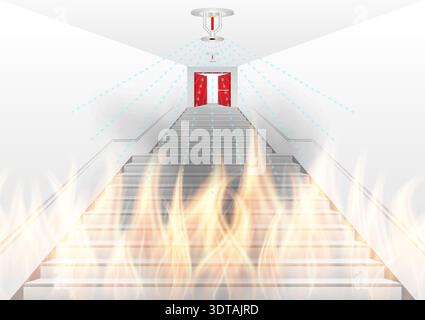 Fire Sprinkler Splashing on Fire in Building. Automatic Fire Extinguishing System. Vector Illustration. Stock Vector