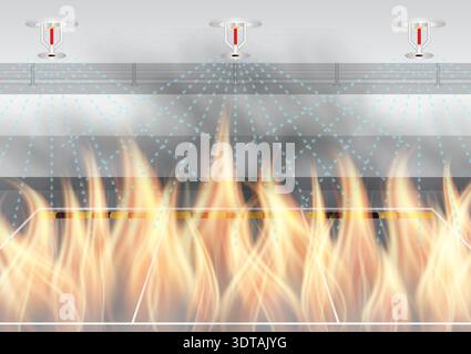 Fire Sprinkler Splashing on Fire in Building. Automatic Fire Extinguishing System. Vector Illustration. Stock Vector