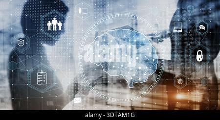 Business Technology Concept with AI Brain and Secure Data Network. Stock Photo