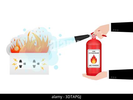 Hand using Fire Extinguisher to Spray on Burning Electric Socket. Vector Illustration. Stock Vector