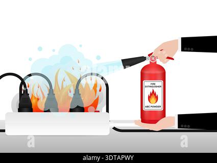 Hand using Fire Extinguisher to Spray on Burning Electric Socket. Vector Illustration. Stock Vector