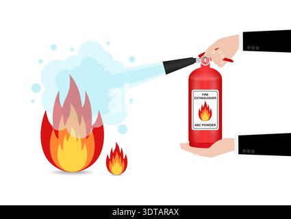 Hand using Fire Extinguisher to Spray on Burning Fire. Vector Illustration. Stock Vector