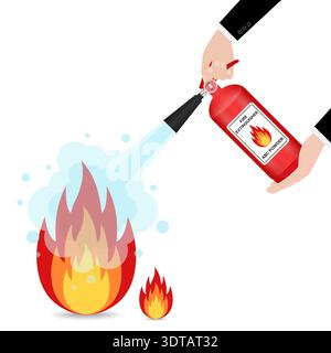 Hand using Fire Extinguisher to Spray on Burning Fire. Vector Illustration. Stock Vector