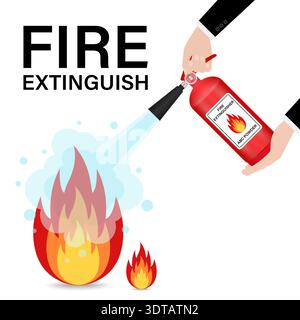 Hand using Fire Extinguisher to Spray on Burning Fire. Vector Illustration. Stock Vector