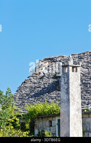 Weathered stone roof and crumbling chimney of an old country house, surrounded by green vines and vegetation beneath a clear blue sky; evokes rural de Stock Photo