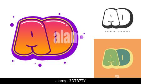AD logo design for festival or party. Initial letter a and d in graffiti style. Creative modern lettering company name of font typography. Kids trendy Stock Vector