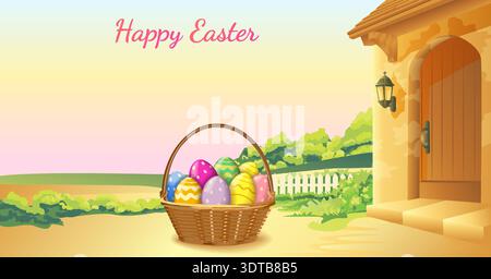 Easter horizontal vector illustration with painted eggs in wicker basket, cute fairy house and blooming spring garden and copy space for text. Stock Vector