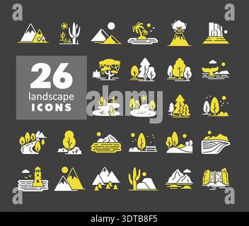 Nature Landscape vector icons on dark background. Nature sign. Graph symbol for travel and tourism web site and apps design, logo, app, UI Stock Vector