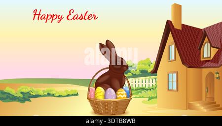 Easter horizontal vector illustration with chocolate bunny with colorful eggs in basket and country house in spring garden and copy space for text. Stock Vector