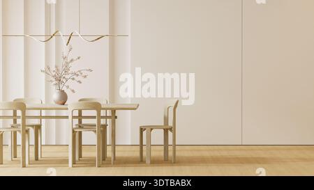 An inviting dining area featuring a minimalist wooden table set and elegant chairs with a focus on negative space and simple aesthetic in a modern Jap Stock Photo