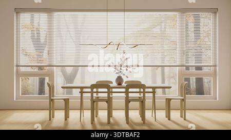 An inviting dining room featuring a minimalist wooden table set with elegant chairs and modern lighting designed for a calm and productive home enviro Stock Photo