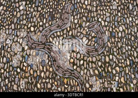 a cobblestone pavement featuring an intricate, symmetrical pattern with alternating dark and light stones forming a geometric design. Stock Photo