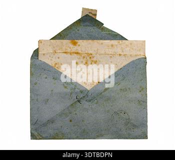A vintage worn, greenish-blue envelope with a yellowed, slightly curled, cream-colored inner flap. The envelope has a faint postmark. The texture appe Stock Photo