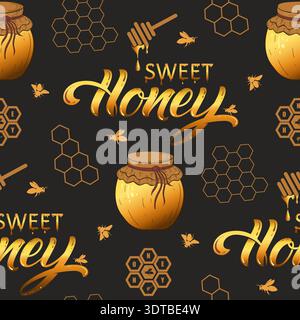 Vector honey seamless pattern with honeycombs, pot, bees and lettering. Organic honey food background. Stock Vector