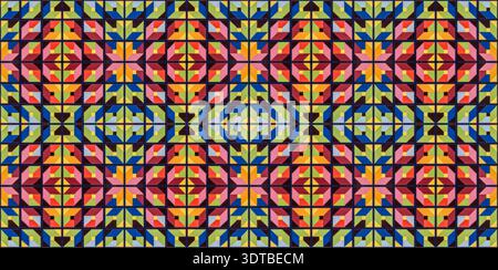 geometric mosaic artwork featuring a repeating pattern of interlocking triangles, arranged in a grid-like structure. The mosaic tiles creating a vibra Stock Photo