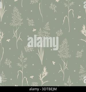 Cute floral seamless pattern with silhouettes of meadow wild herbs flowers. Flower vector illustration background. Print in rustic vintage style Stock Vector