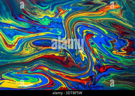 vibrant abstract painting features swirling, fluid patterns in rich colors. The bold, dynamic strokes create a sense of movement. The artwork, evokes Stock Photo