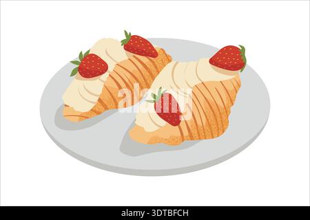 Two croissants with whipped cream and strawberries on a plate vector Stock Vector