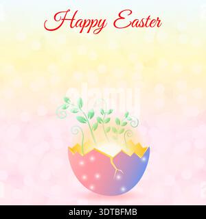 Happy Easter square vector illustration featuring the concept of rebirth with a plant growing from a cracked eggshell and copy space for text. Stock Vector
