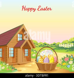 Happy Easter square vector illustration with Easter cake with colorful eggs in a basket and wooden country house in garden and copy space for text. Stock Vector