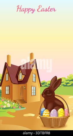 Happy Easter vertical vector illustration with chocolate bunny with colorful eggs in basket and cottage house in spring garden and copy space for text Stock Vector