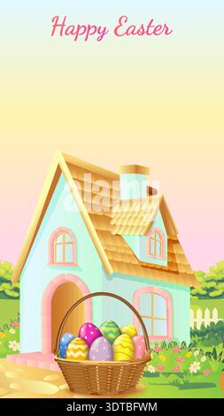 Happy Easter vertical vector illustration with painted eggs in wicker basket, cozy cottage house and blooming spring garden and copy space for text. Stock Vector
