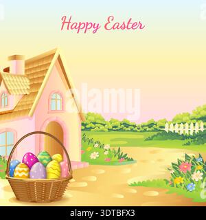 Happy Easter square vector illustration featuring a basket of colorful painted eggs in front of a cozy country house and copy space for text. Stock Vector