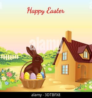 Happy Easter square vector illustration with a chocolate bunny with colorful eggs in a basket and country house landscape and copy space for text. Stock Vector