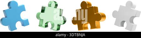 3d puzzle glass, metal and plastic elements on white bg. Isometric jigsaw solves technology problem. Business partnership concept. Vector abstract Stock Vector
