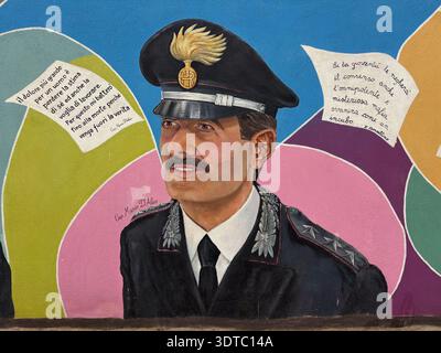 Wall of Legality (Muro della Legalità) in Palermo, Italy. Street art honoring anti-Mafia victims, featuring Captain Mario D'Aleo. Stock Photo