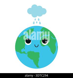 Cute planet Earth and rain cloud. Vector illustration isolated on a white background. Stock Vector