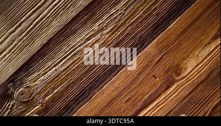 Wooden planks arranged at an angle showing different shades and textures in natural light during the day Stock Photo