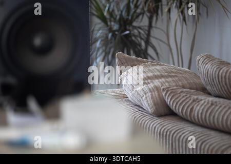 Soft corduroy pillows in beige color rest on a comfortable sofa with a large audio speaker cabinet and indoor plants in the blurred background. Interi Stock Photo