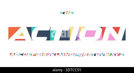 Action Geometric Font Logo Alphabet Colour Shape Letter Set Modern Typography, Creative Typographic Design for Game Title, Race Poster Headline, Kids Stock Vector
