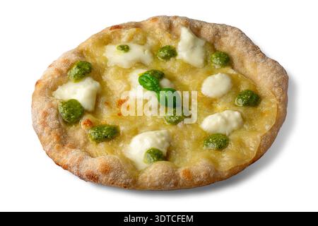 Pizza with pesto and stracchino cheese with basil leaves, isolated on white background with clipping path included Stock Photo