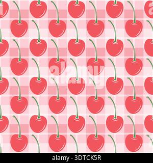 Vector Cherry Seamless Pattern Background with Cute Cherries on Pink Gingham Grid. Cherry Fruit Wallpaper for Textile, Fabric, Wrapping Paper, Surface Stock Vector