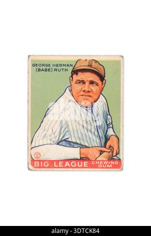 A vintage 1933 Goudey Gum Co. baseball card featuring the legendary George Herman "Babe" Ruth in his iconic uniform and cap. Stock Photo