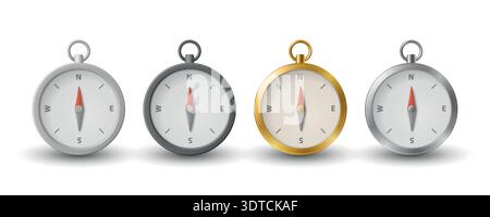 Vector 3d Realistic Compass Icon Set. Navigation Compasses. Classic Travel Compass Icon, Navigation Symbol, Exploration Tool, Direction Equipment Stock Vector