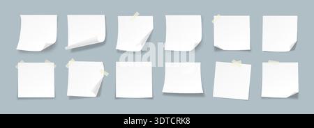Blank White Sticky Note Mock Up Set with Realistic Paper Folds, Tape and Soft Shadow. Empty Memo Notes Collection for Messages, Reminder Card, Office, UI Presentation Design. Vector Illustration Stock Vector