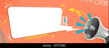 Megaphone Halftone Collage Pop Art Banner with Speech Bubble, Scribbles, Swirls Sparkles on Comic Style Dotted Orange Background and Copy Space for Announcement Marketing Message. Vector Illustration Stock Vector