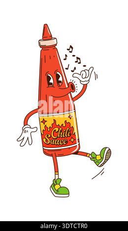 Cartoon funky groovy chili sauce bottle character Stock Vector
