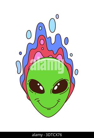 Space alien green face cartoon groovy character Stock Vector