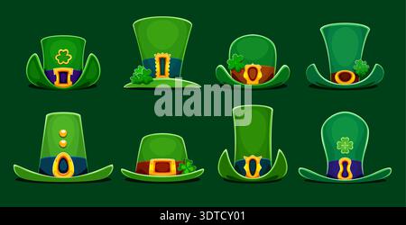 St Patrick Day leprechaun green hats and clovers Stock Vector