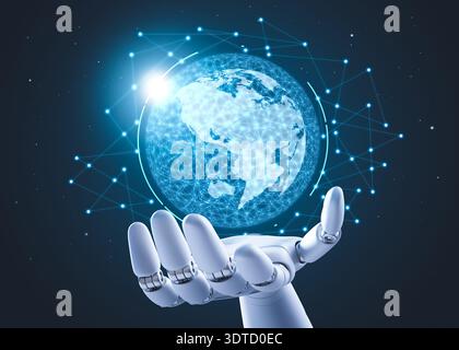 Robot hand holding virtual globe on dark background. Artificial intelligence in global development Stock Photo