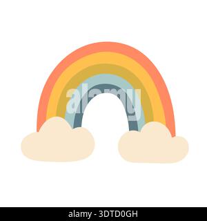 Cute pastel rainbow with soft clouds vector illustration. Minimal flat design in warm colors, perfect for kids graphics, nursery decor, posters Stock Vector